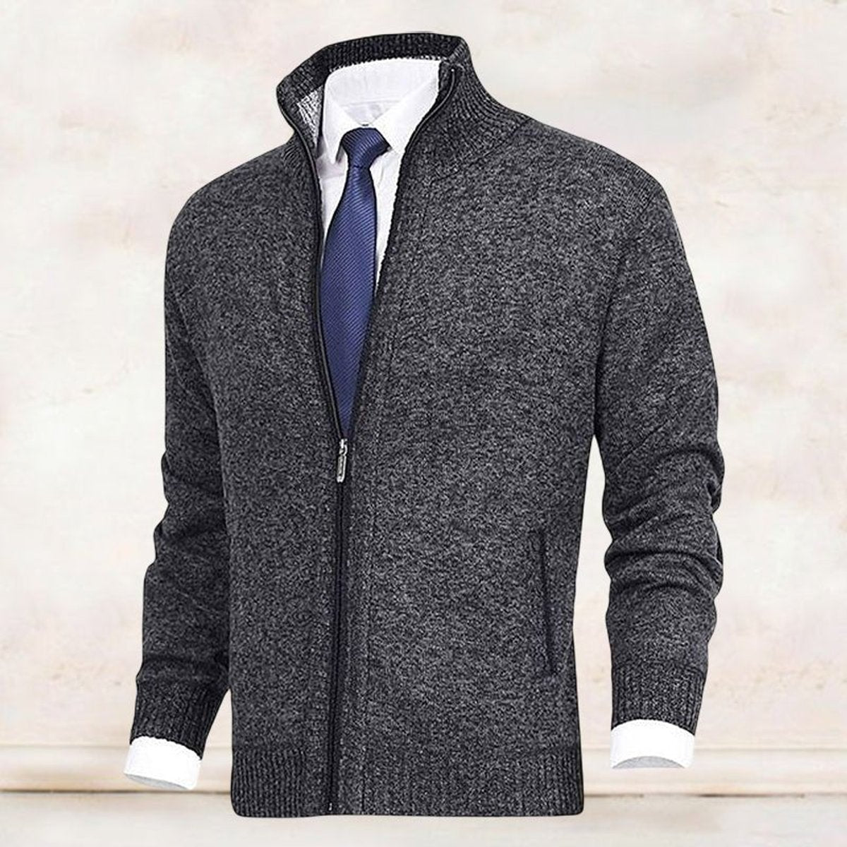 Noble Men's Zip-Up Cardigan | Fleece-Lined Knit, Stand Collar 8