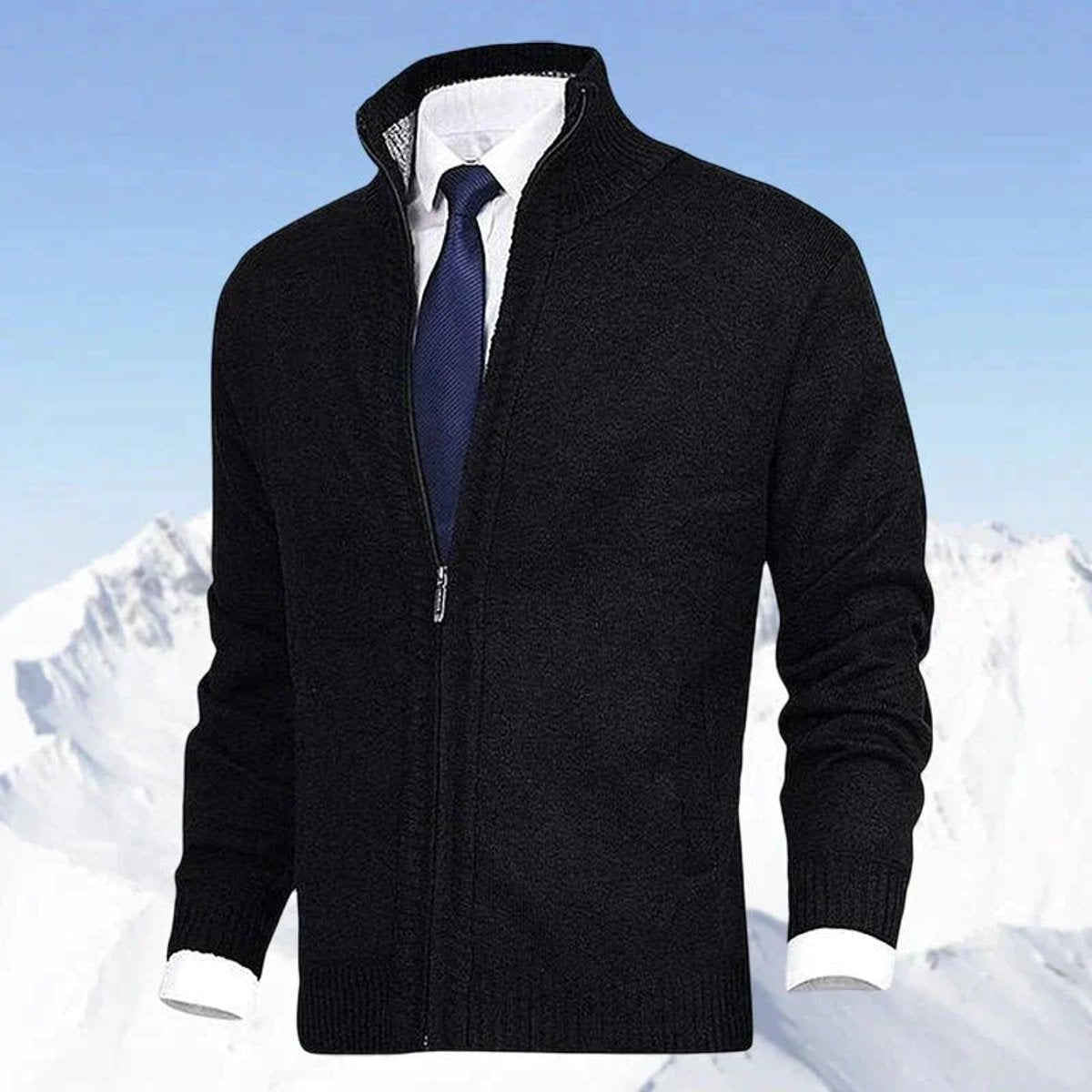 Noble Men's Zip-Up Cardigan | Fleece-Lined Knit, Stand Collar 9