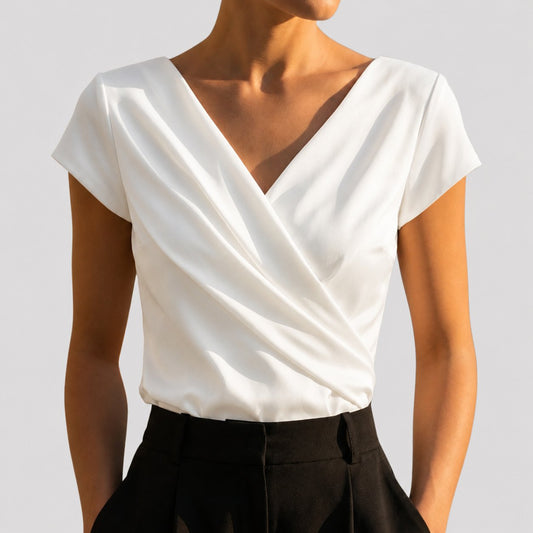 Nora Women’s Blouse with Draped V-Neck and Short Sleeves in Classic White 0
