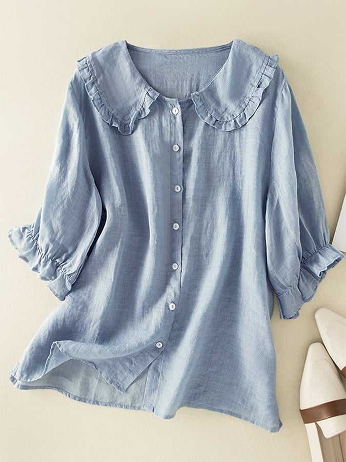 Nora Women's Blouse with Ruffle Collar and Button Placket 0