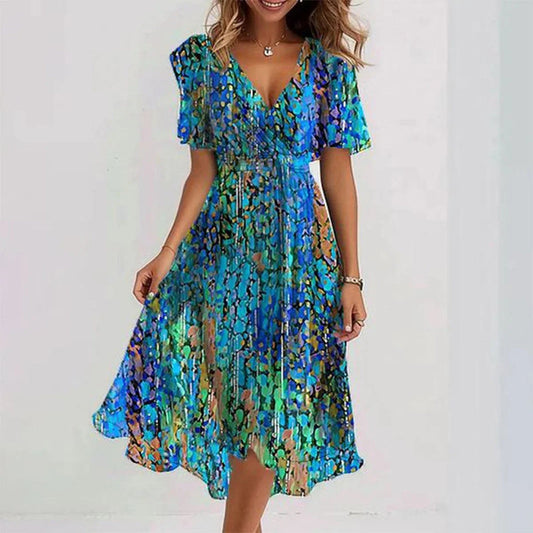 Nora Women’s Dress with Floral Print, Short Sleeves, and Asymmetrical Hem 0