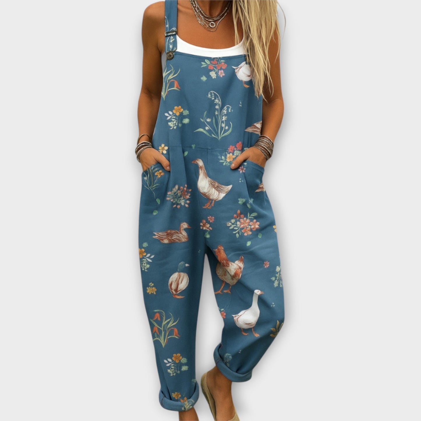 Nora Women's Jumpsuit with Retro Floral Print and Adjustable Straps 0