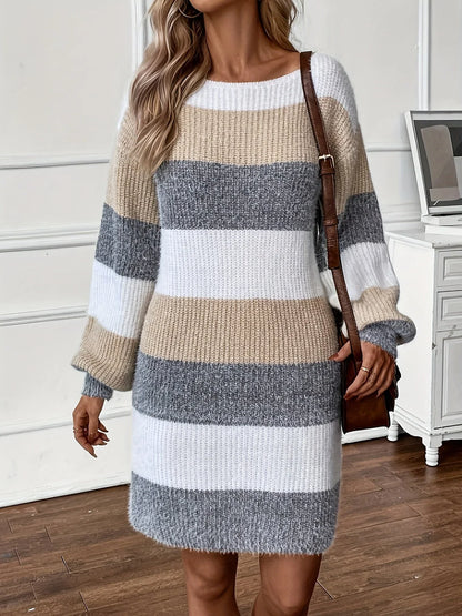 Olina women's sweater dress featuring an oversized fit and puff sleeves, designed with a bold colour block pattern for a stylish and contemporary look. 3