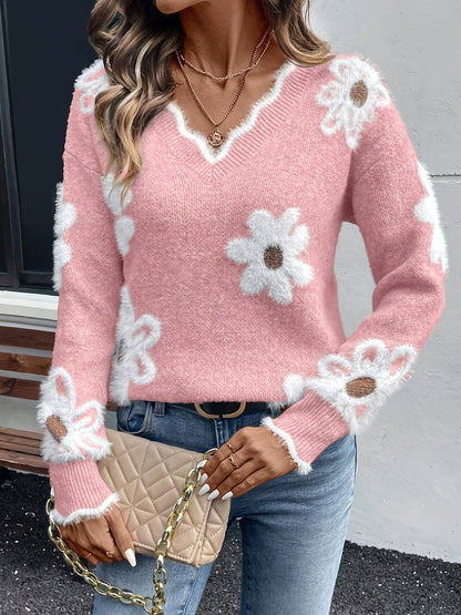 Olive Women's Floral V-Neck Sweater | Fuzzy Knit, Relaxed Fit 2