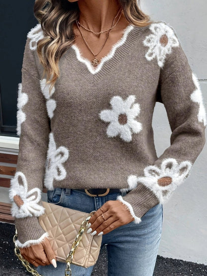 Olive Women's Floral V-Neck Sweater | Fuzzy Knit, Relaxed Fit 9