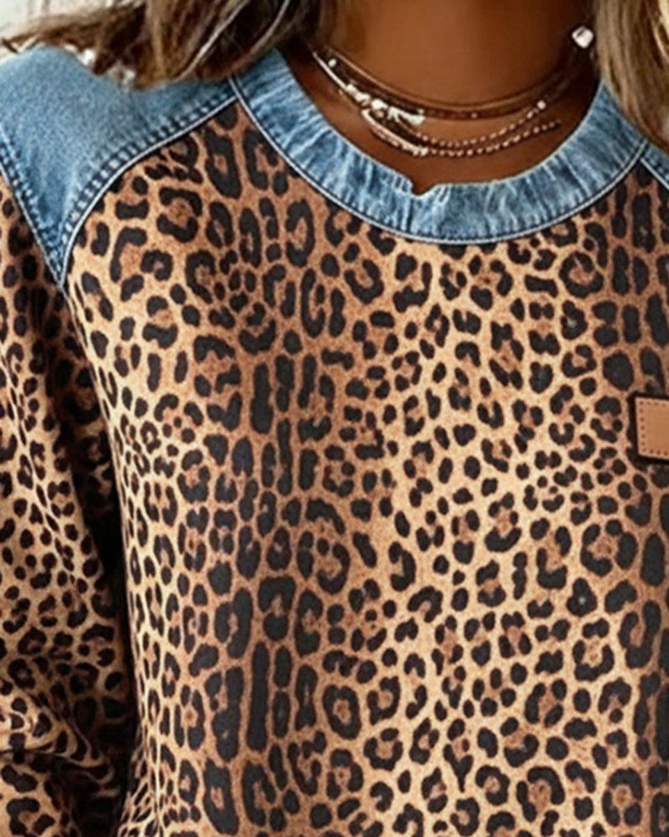 Olivia Women's Pullover Sweater | Leopard Print Denim Patchwork 1