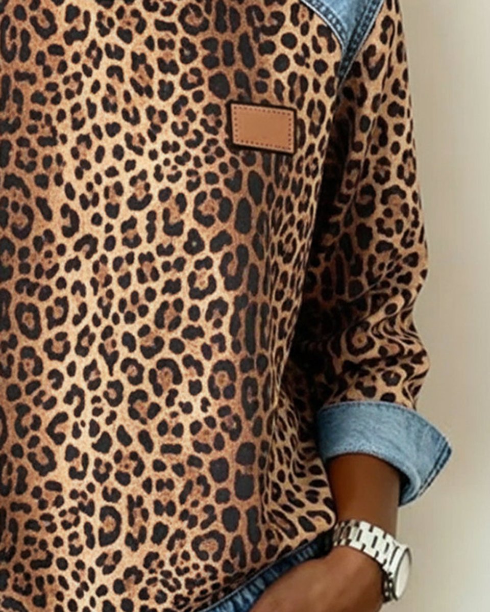 Olivia Women's Pullover Sweater | Leopard Print Denim Patchwork 2