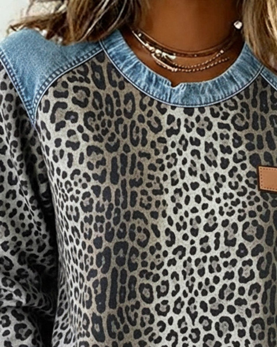 Olivia Women's Pullover Sweater | Leopard Print Denim Patchwork 4