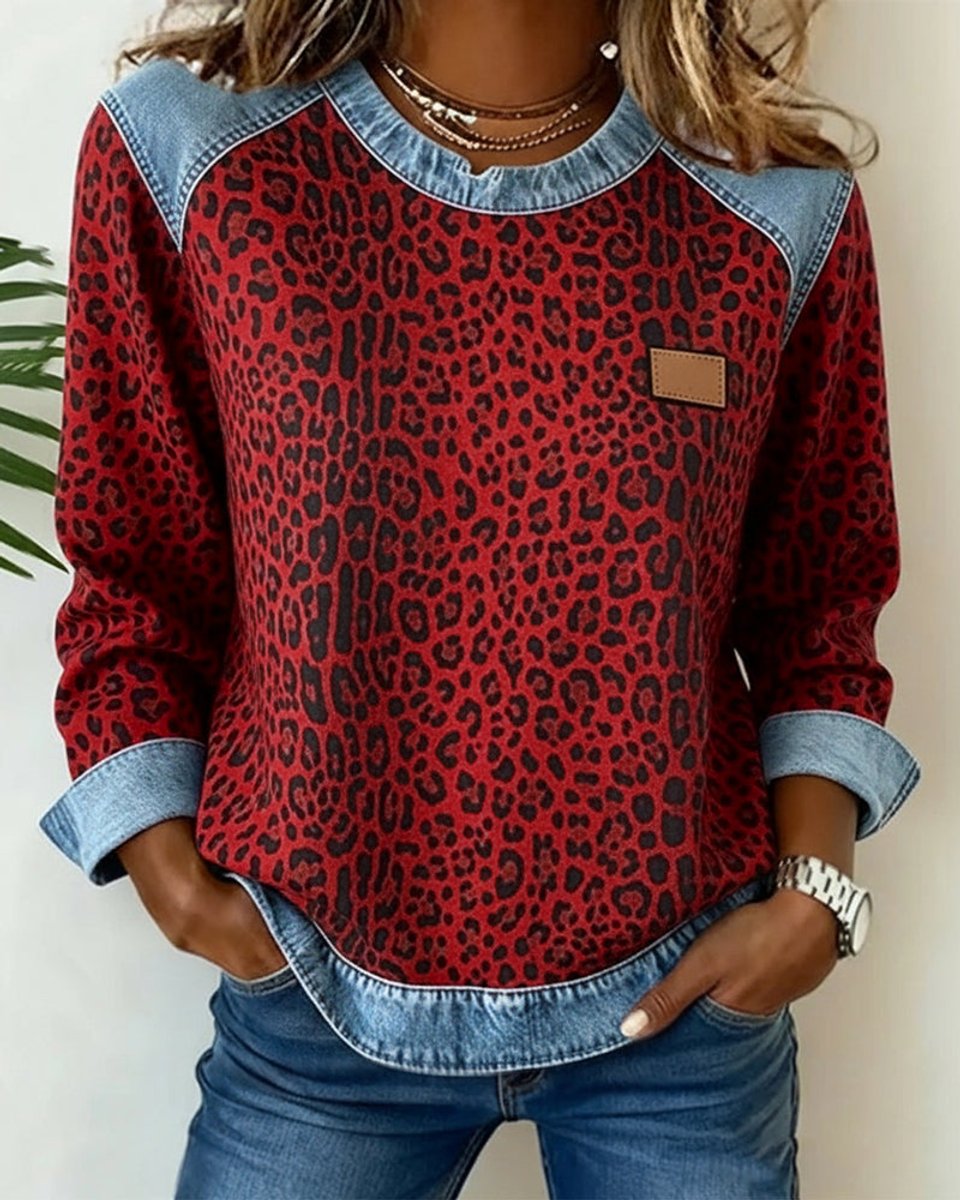 Olivia Women's Pullover Sweater | Leopard Print Denim Patchwork 6
