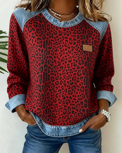 Olivia Women's Pullover Sweater | Leopard Print Denim Patchwork 6