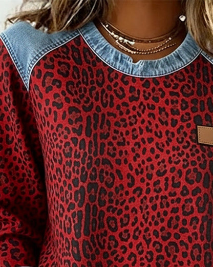 Olivia Women's Pullover Sweater | Leopard Print Denim Patchwork 7