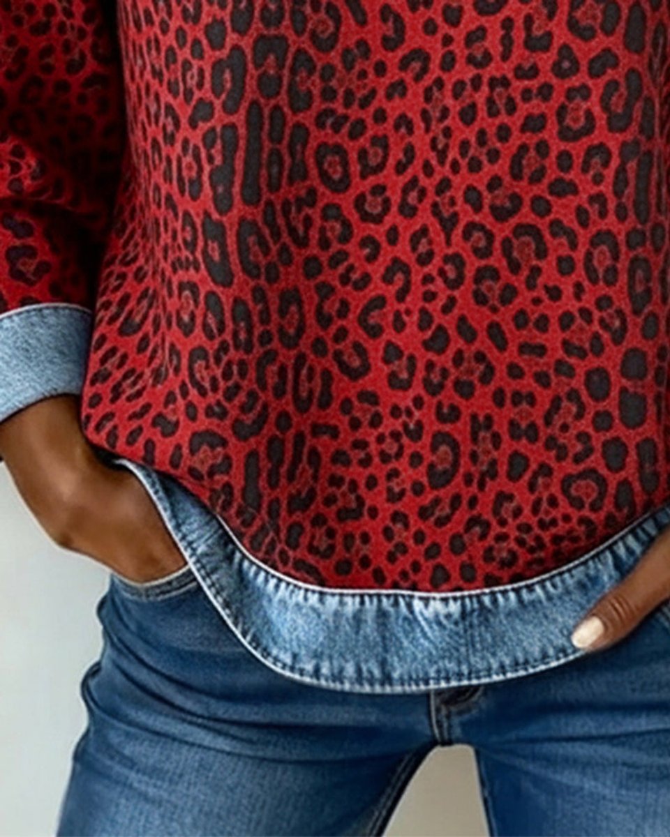 Olivia Women's Pullover Sweater | Leopard Print Denim Patchwork 8