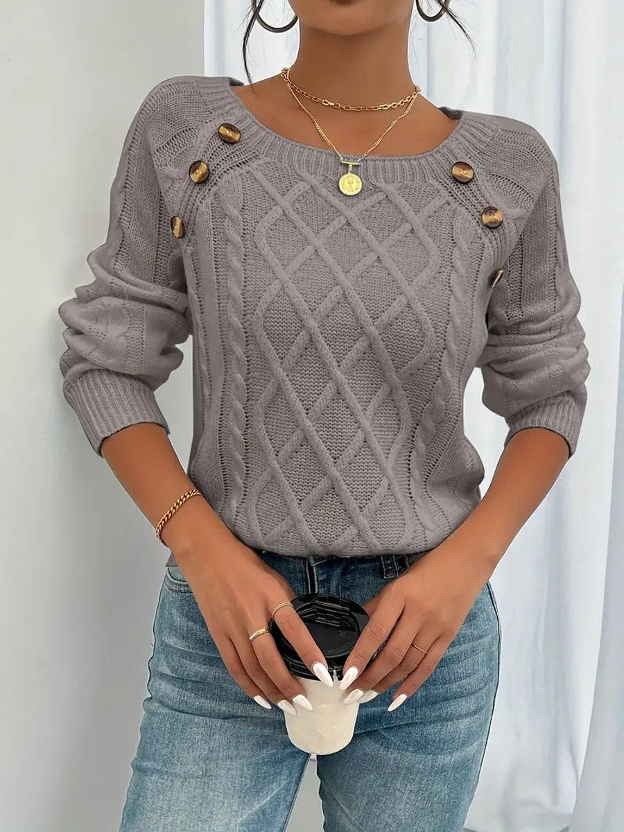 Penelope Women's Cable Knit Sweater | Raglan Sleeve, Button Detail Pullover 10