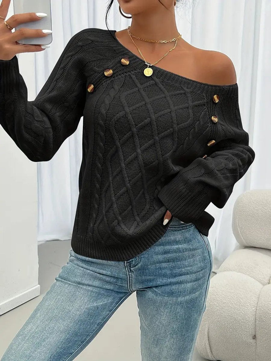 Penelope Women's Cable Knit Sweater | Raglan Sleeve, Button Detail Pullover 3
