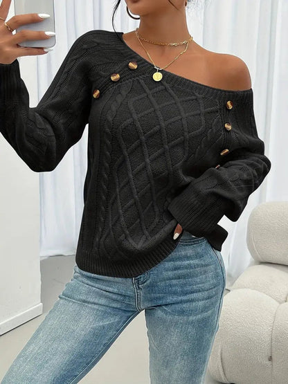 Penelope Women's Cable Knit Sweater | Raglan Sleeve, Button Detail Pullover 3