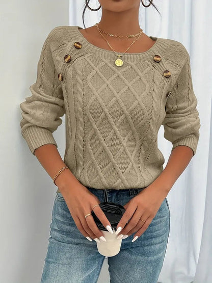 Penelope Women's Cable Knit Sweater | Raglan Sleeve, Button Detail Pullover 4
