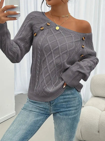 Penelope Women's Cable Knit Sweater | Raglan Sleeve, Button Detail Pullover 7