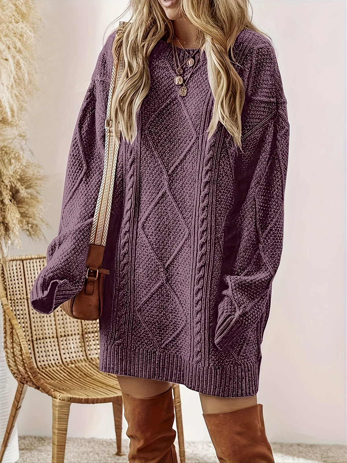 Plume Women’s Sweater Dress featuring a stylish diamond cable knit pattern and a classic round neck design, perfect for cozy, fashionable outfits in cooler weather 0
