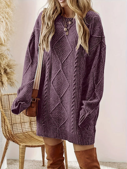 Plume Women’s Sweater Dress featuring a stylish diamond cable knit pattern and a classic round neck design, perfect for cozy, fashionable outfits in cooler weather 0