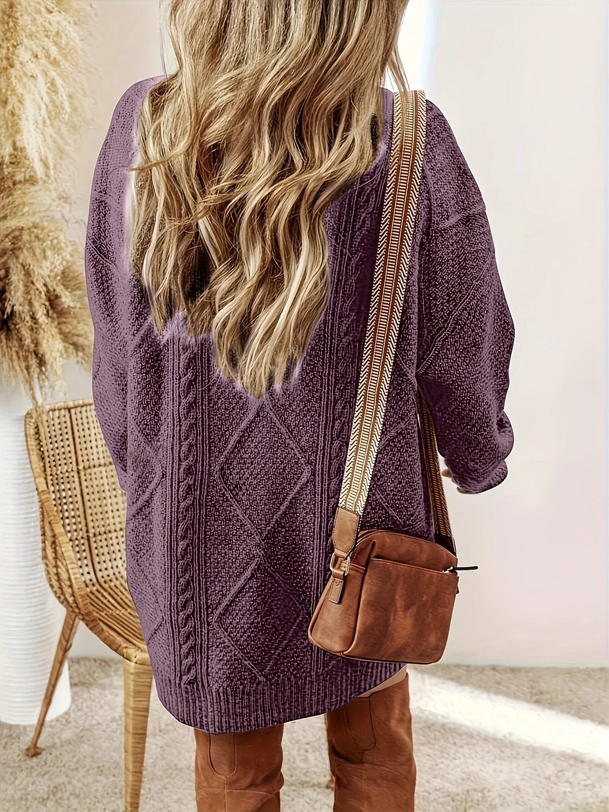 Plume Women’s Sweater Dress featuring a stylish diamond cable knit pattern and a classic round neck design, perfect for cozy, fashionable outfits in cooler weather 1