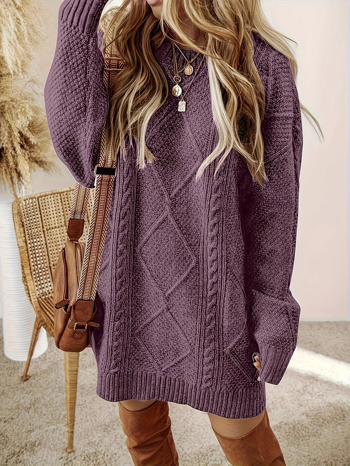 Plume Women’s Sweater Dress featuring a stylish diamond cable knit pattern and a classic round neck design, perfect for cozy, fashionable outfits in cooler weather 2