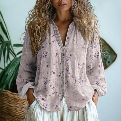 Pura Women’s Blouse with Embroidered Front and V-Neck Long Sleeves 1