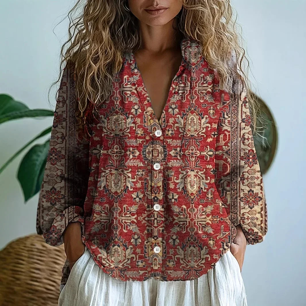 Pura Women’s Blouse with Embroidered Front and V-Neck Long Sleeves 7