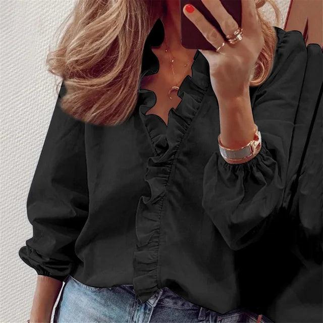 Pura Women’s Blouse with Ruffle V-Neck and Flowing Silhouette for Summer Style 2