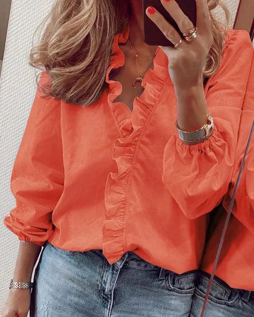Pura Women’s Blouse with Ruffle V-Neck and Flowing Silhouette for Summer Style 4