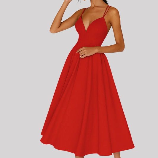 Regina Women’s Midi Dress with Strap Detail and Flared Skirt for Summer Events 0