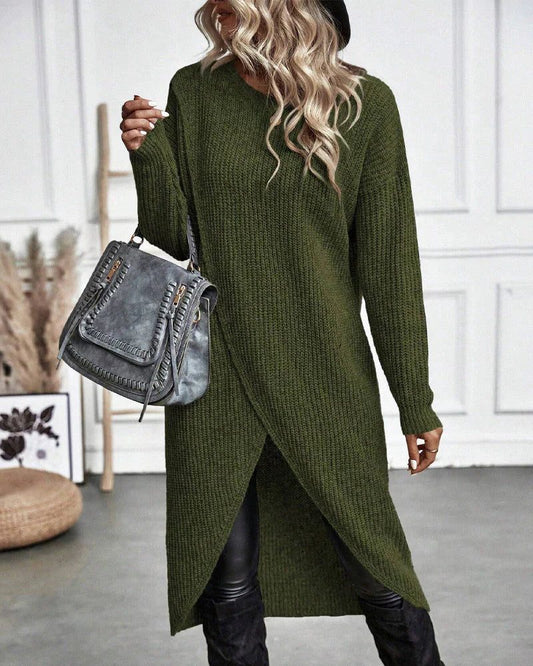Rela Knit Sweater Dress featuring a stylish wrap front and elegant split hem, perfect for a chic and comfortable look in any season. 0