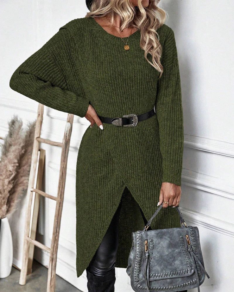 Rela Knit Sweater Dress featuring a stylish wrap front and elegant split hem, perfect for a chic and comfortable look in any season. 1