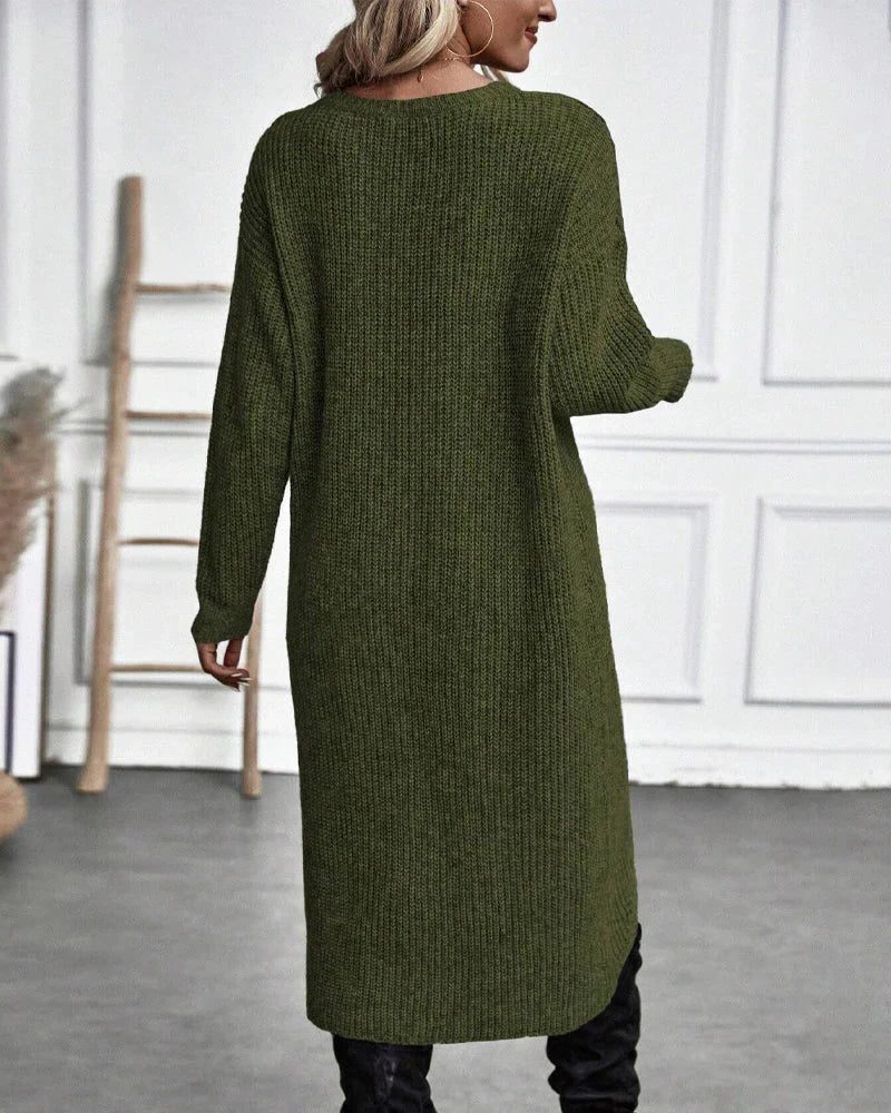 Rela Knit Sweater Dress featuring a stylish wrap front and elegant split hem, perfect for a chic and comfortable look in any season. 2