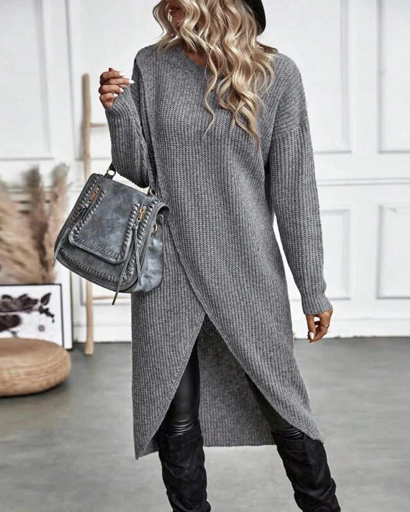 Rela Knit Sweater Dress featuring a stylish wrap front and elegant split hem, perfect for a chic and comfortable look in any season. 3