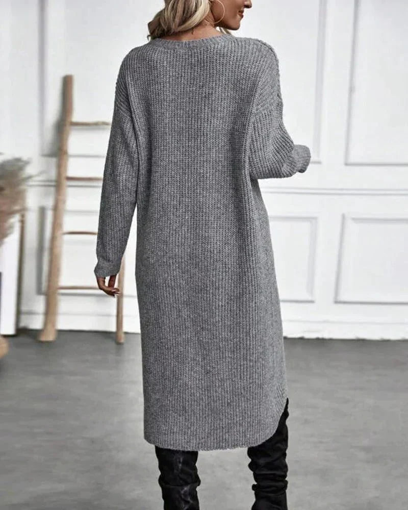 Rela Knit Sweater Dress featuring a stylish wrap front and elegant split hem, perfect for a chic and comfortable look in any season. 4