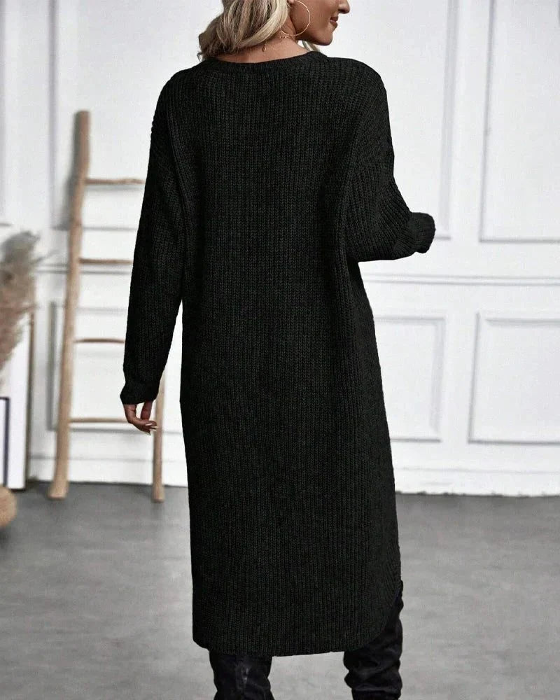 Rela Knit Sweater Dress featuring a stylish wrap front and elegant split hem, perfect for a chic and comfortable look in any season. 6