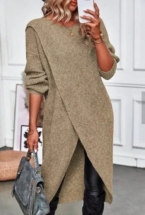 Rela Knit Sweater Dress featuring a stylish wrap front and elegant split hem, perfect for a chic and comfortable look in any season. 7