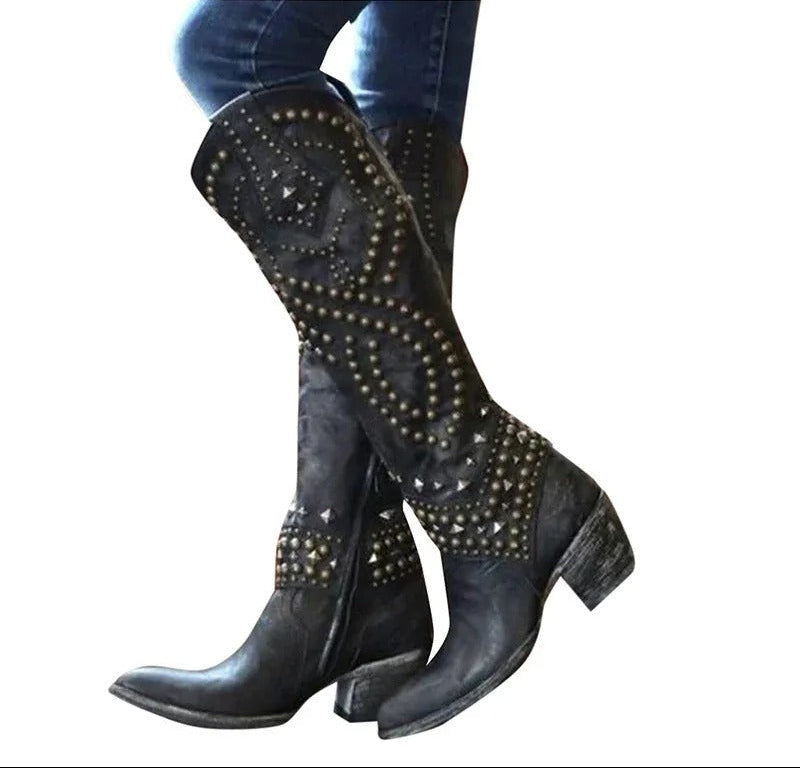 Riloh Women’s Knee High Boots with Pointed Toe and Mid Block Heel 0