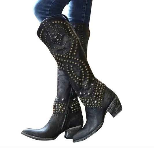 Riloh Women’s Knee High Boots with Pointed Toe and Mid Block Heel 0