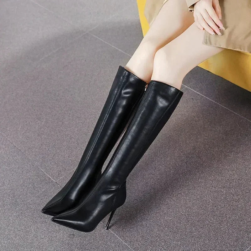 Sable Women’s Knee-High Boots featuring a sleek pointed toe and elegant stiletto heel, perfect for stylish outfits and formal occasions. 2