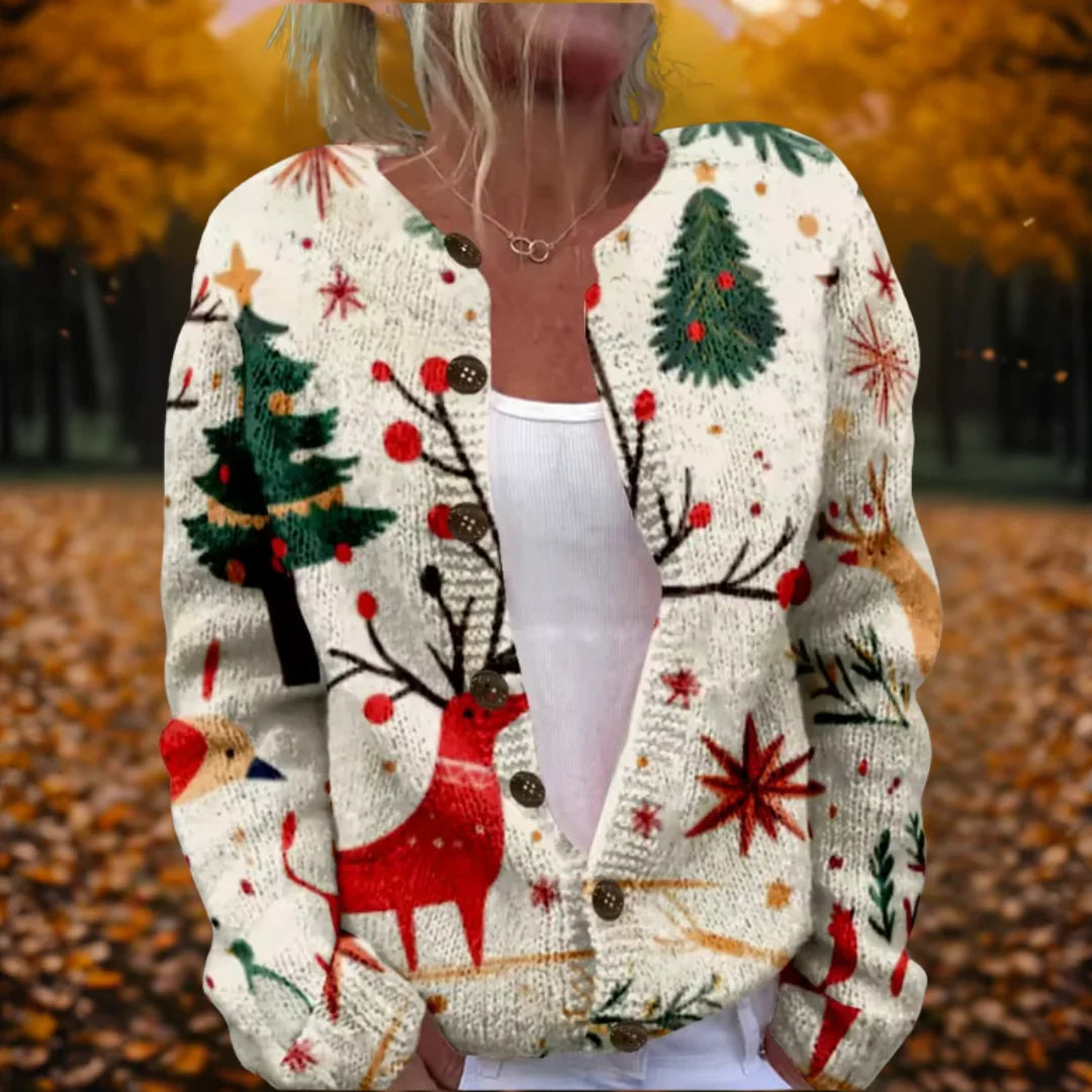 Sandra Women’s Reindeer Cardigan featuring an open-front design and vibrant autumnal colors, perfect for cozy fall outfits. 0
