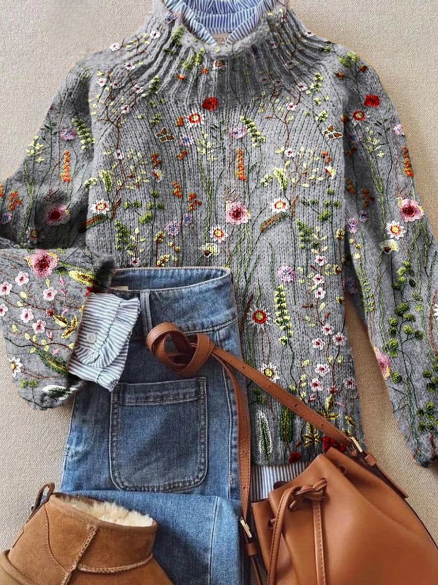 Sarina Women's Turtleneck Sweater | Floral Embroidered Relaxed Knit Pullover 0