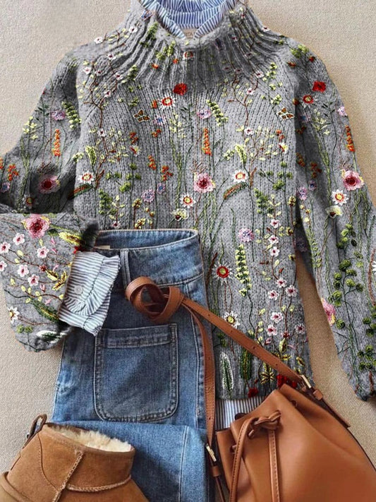 Sarina Women's Turtleneck Sweater | Floral Embroidered Relaxed Knit Pullover 0