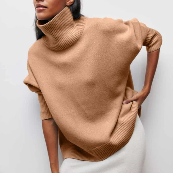 Serene Women’s Oversized Sweater featuring a stylish turtleneck collar and ribbed details, perfect for cozy and fashionable layering in cool weather. 4