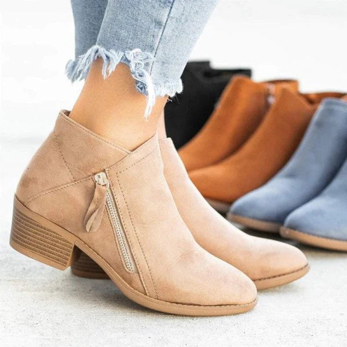 Sienna Women's Black Ankle Boots | Low-Heel Suede Side-Zip Booties 0