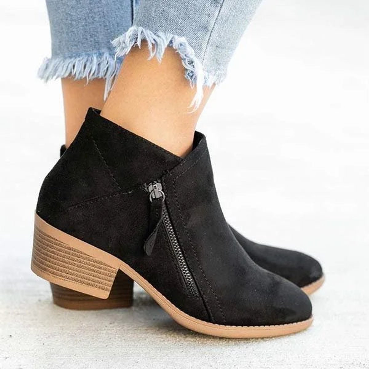 Sienna Women's Black Ankle Boots | Low-Heel Suede Side-Zip Booties 3