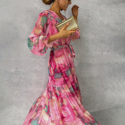 Sierra Women’s Maxi Dress with Floral Pattern and Pleated Design 0