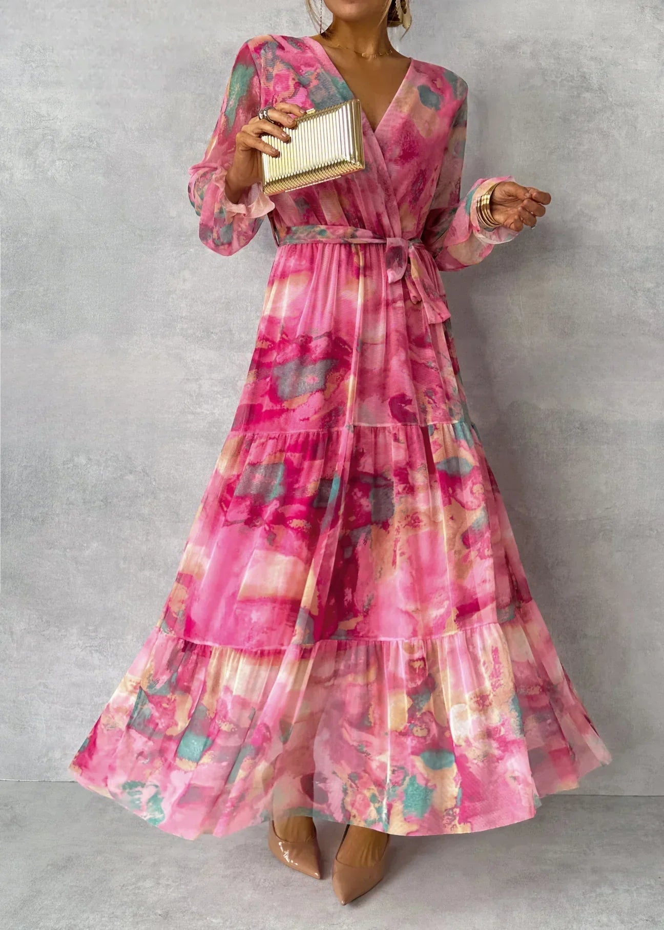 Sierra Women’s Maxi Dress with Floral Pattern and Pleated Design 1