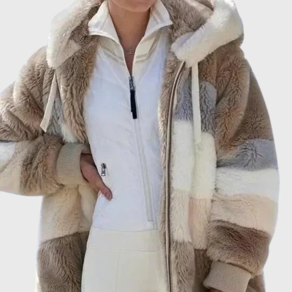 Sofia Women's Puffer Jacket featuring a stylish multicolor design and a cozy faux-fur hood, perfect for winter fashion and warmth. 4