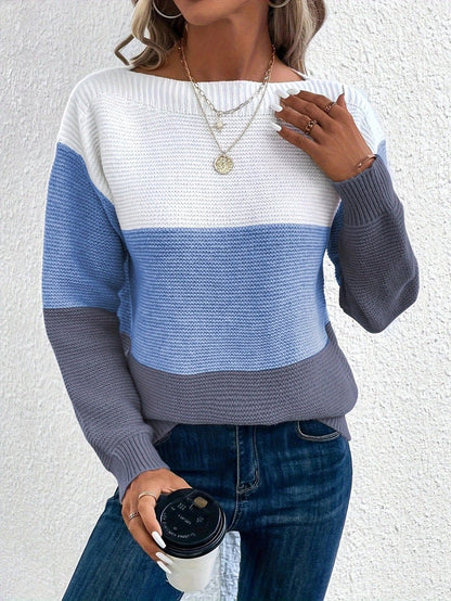 Sophia Women's Crewneck Sweater | Relaxed Fit, Color-Block Knit 3